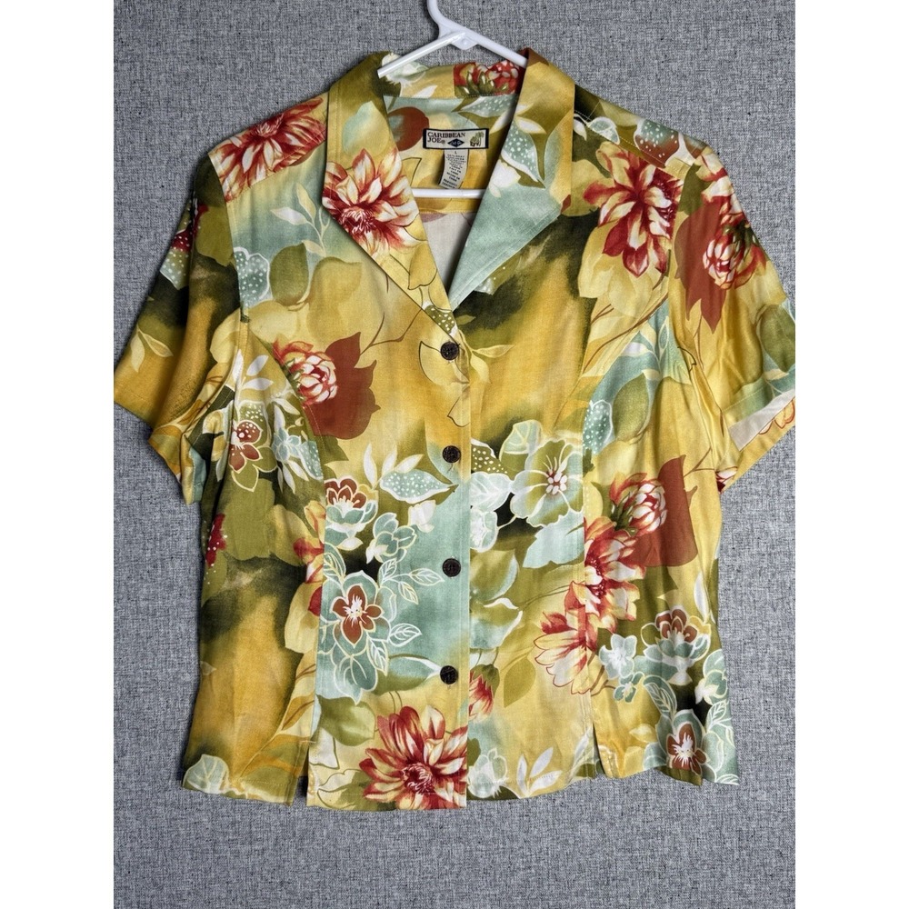 Y2K Caribbean Joe Aloha Hawaiian Shirt Yellow Green Floral Button Up Silk MED/LG